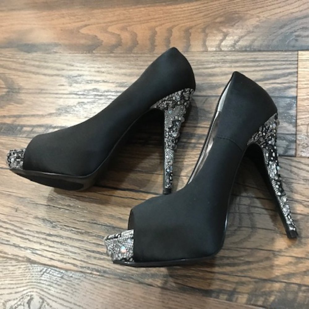 Steve Madden Iridescent Crystal and Lace Peep Toe Platforms